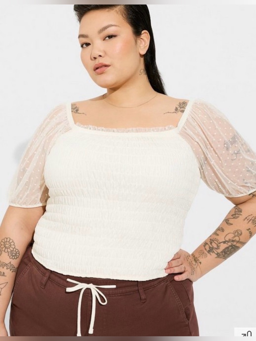 Torrid 2X Cream Dot Mesh Sleeve Smocked Top NEW